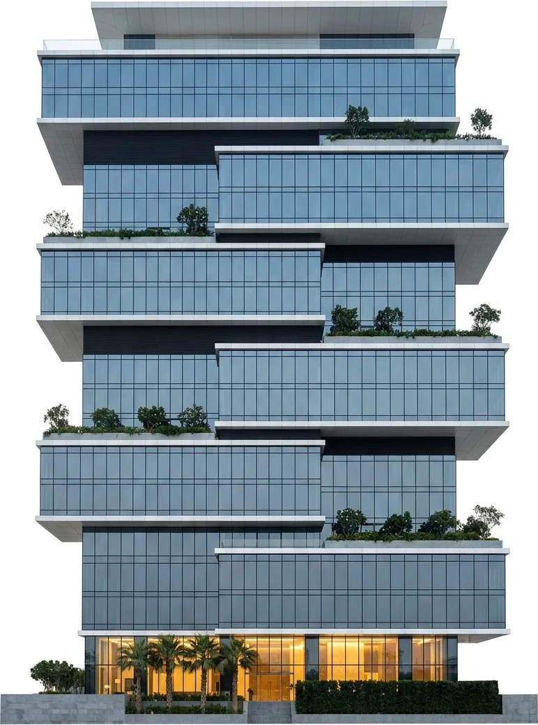 Modern South Florida residential tower of stacked, offset glass volumes with landscaped terraces